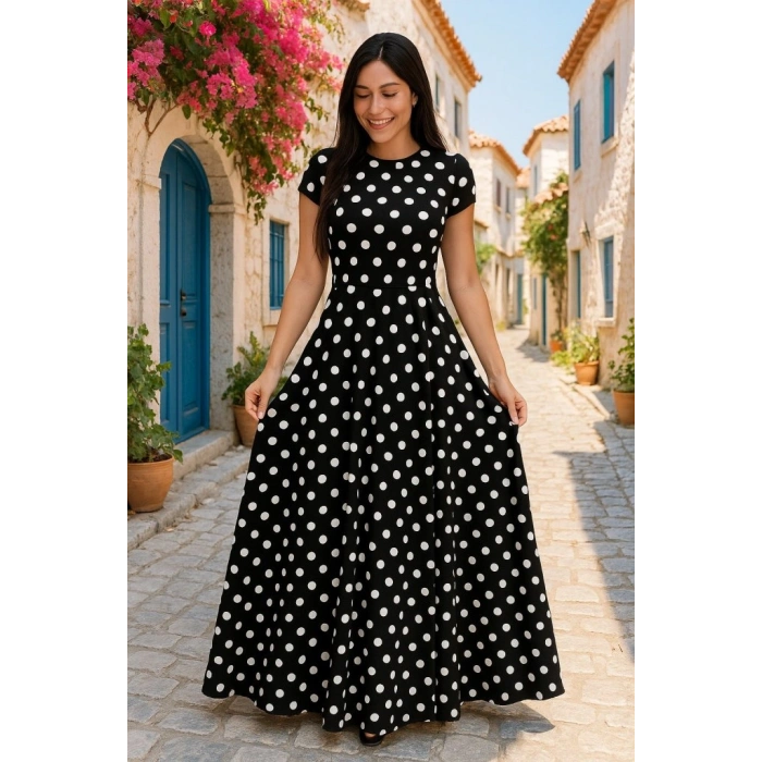 MARSiLYAN- Kadın Kısa Kollu Bisiklet Yaka Puantiyeli Maksi örme Krep Elbise