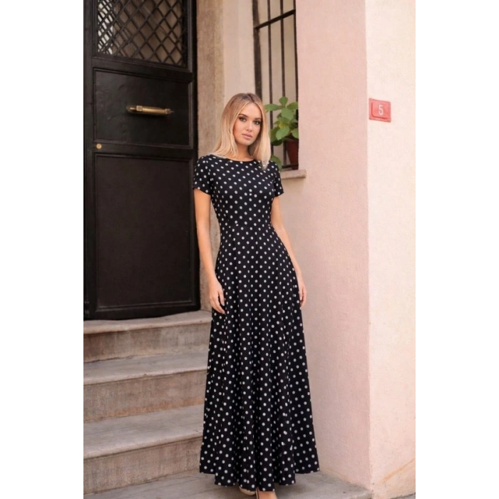 MARSiLYAN- Kadın Kısa Kollu Bisiklet Yaka Puantiyeli Maksi örme Krep Elbise