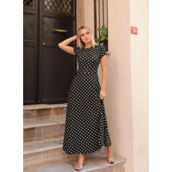 MARSiLYAN- Kadın Kısa Kollu Bisiklet Yaka Puantiyeli Maksi örme Krep Elbise