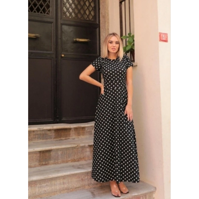 MARSiLYAN- Kadın Kısa Kollu Bisiklet Yaka Puantiyeli Maksi örme Krep Elbise