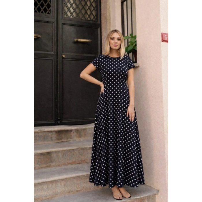 MARSiLYAN- Kadın Kısa Kollu Bisiklet Yaka Puantiyeli Maksi örme Krep Elbise