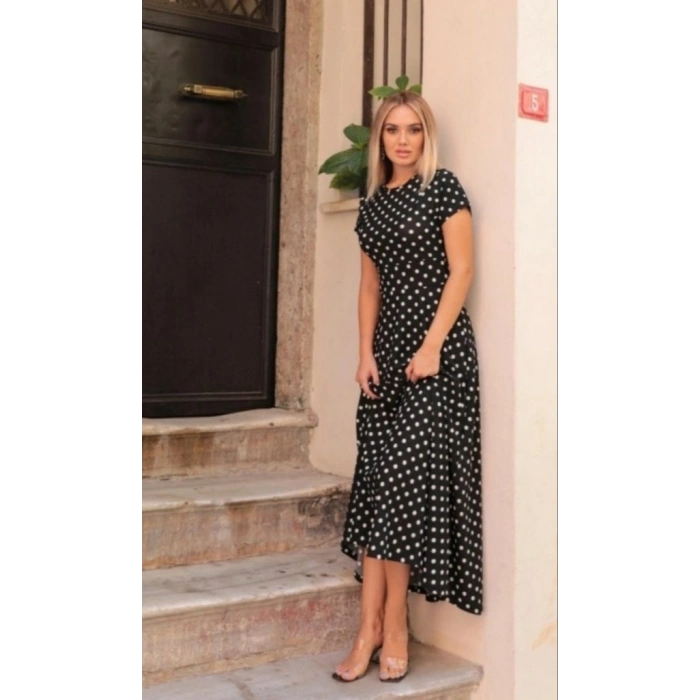 MARSiLYAN- Kadın Kısa Kollu Bisiklet Yaka Puantiyeli Maksi örme Krep Elbise