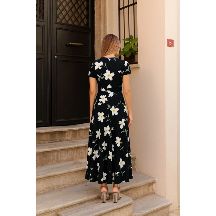 MARSiLYAN- Kadın Kısa Kollu Bisiklet Yaka Puantiyeli Maksi örme Krep Elbise