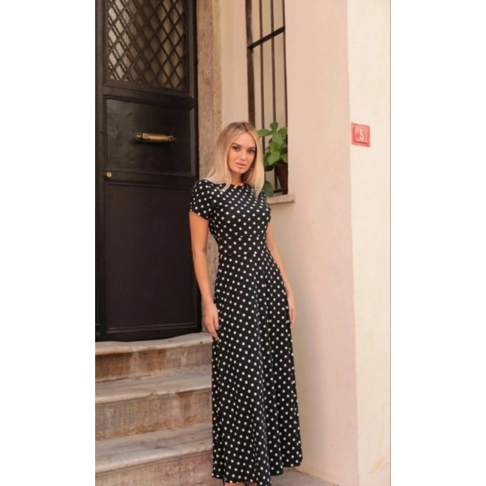 MARSiLYAN- Kadın Kısa Kollu Bisiklet Yaka Puantiyeli Maksi örme Krep Elbise