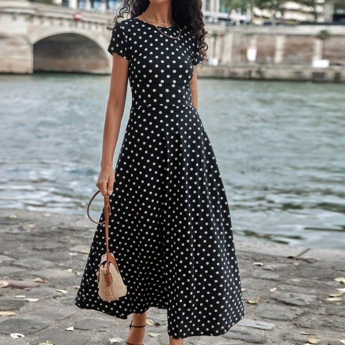 MARSiLYAN- Kadın Kısa Kollu Bisiklet Yaka Puantiyeli Maksi örme Krep Elbise