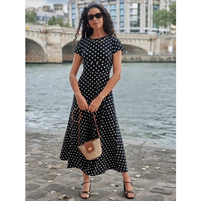 MARSiLYAN- Kadın Kısa Kollu Bisiklet Yaka Puantiyeli Maksi örme Krep Elbise