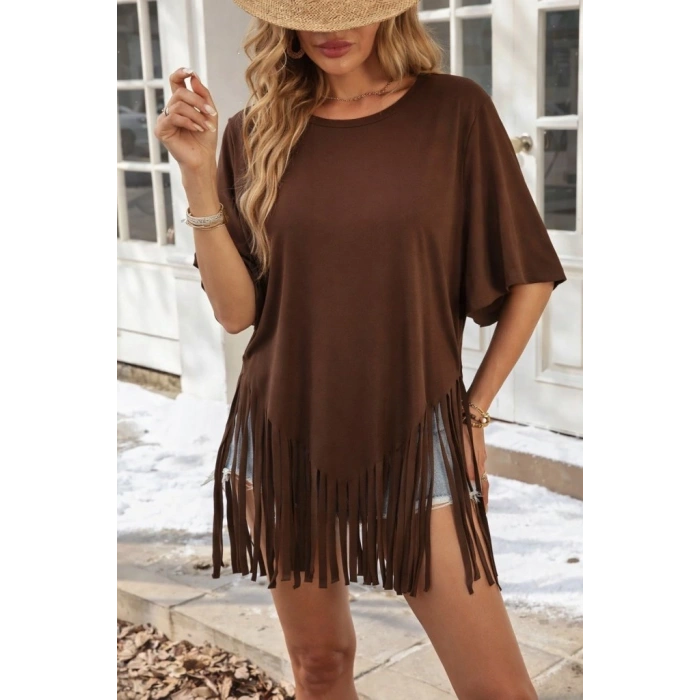 MARSiLYAN- Kadın Kısa Kollu Bisiklet Yaka Püsküllü Viskon Bluz