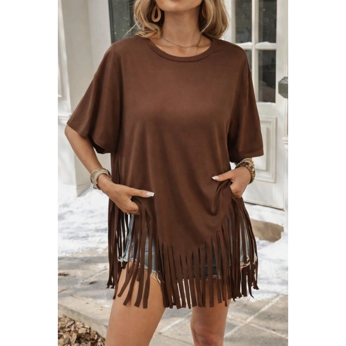 MARSiLYAN- Kadın Kısa Kollu Bisiklet Yaka Püsküllü Viskon Bluz