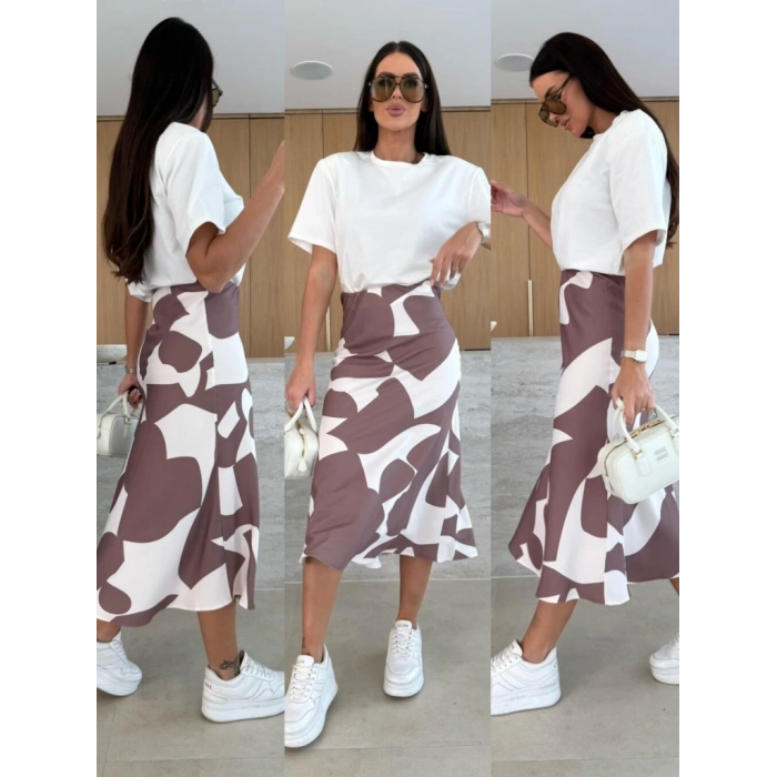 MARSiLYAN- Kadın Kısa Kollu Bisiklet Yaka Viskon Bluz Ve Desenli Süprem Etek Ikili Takım