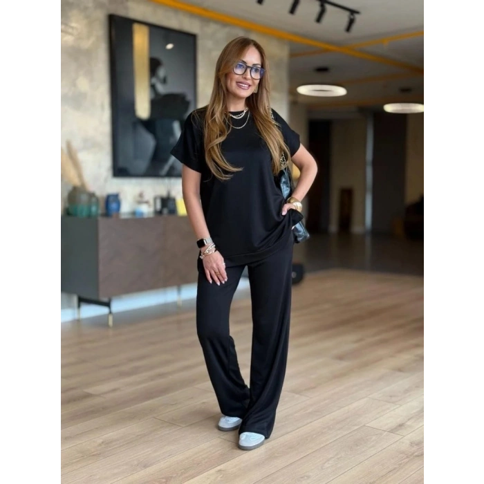 MARSiLYAN- Kadın Kısa Kollu Bisiklet Yaka Viskon Iki Iplik Bluz Ve Pantolon Ikili Takım