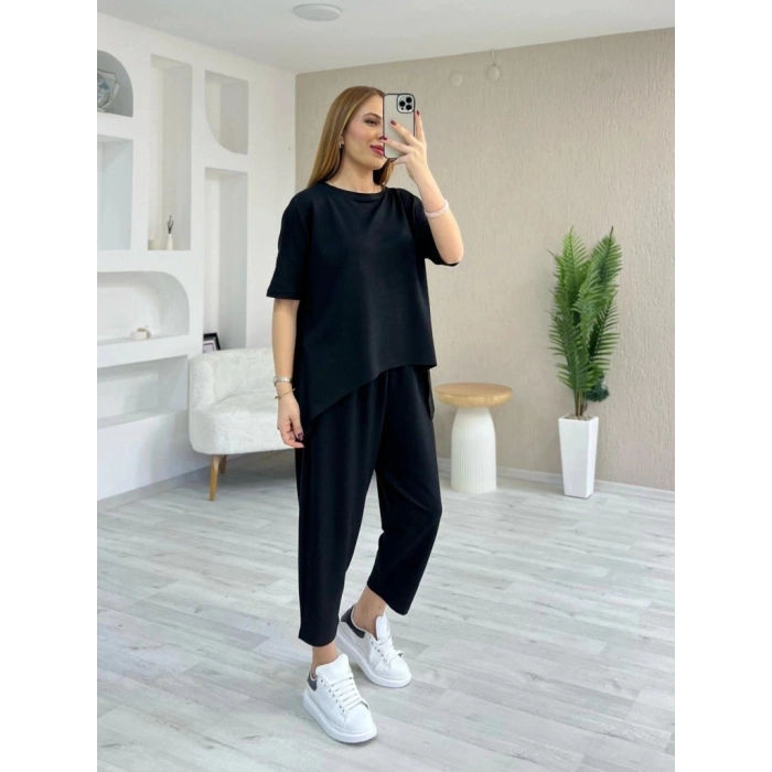 MARSiLYAN- Kadın Kısa Kollu Bisiklet Yaka Viskon Iki Iplik Bluz Ve Pantolon Ikili Takım