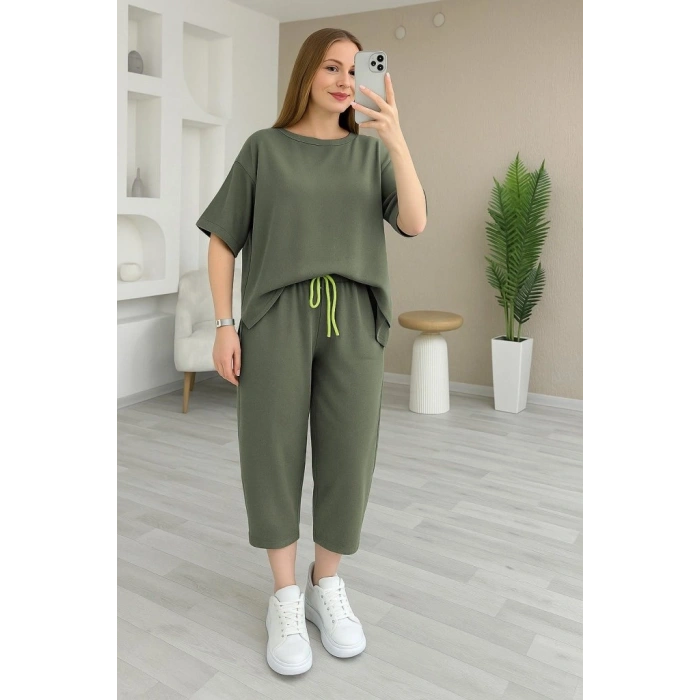 MARSiLYAN- Kadın Kısa Kollu Bisiklet Yaka Viskon Iki Iplik Bluz Ve Pantolon Ikili Takım