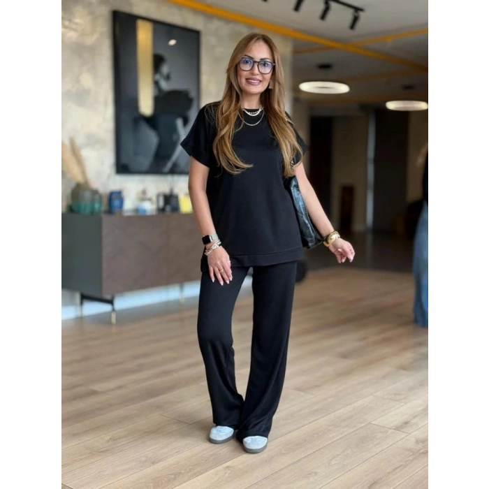 MARSiLYAN- Kadın Kısa Kollu Bisiklet Yaka Viskon Iki Iplik Bluz Ve Pantolon Ikili Takım