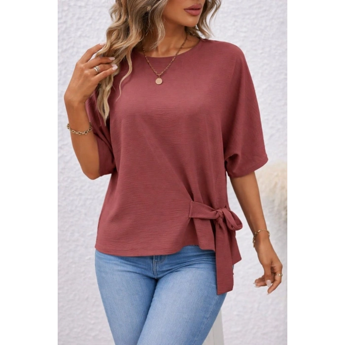 MARSiLYAN- Kadın Kısa Kollu Bisiklet Yaka Yandan Bağcıklı Aerobin Bluz
