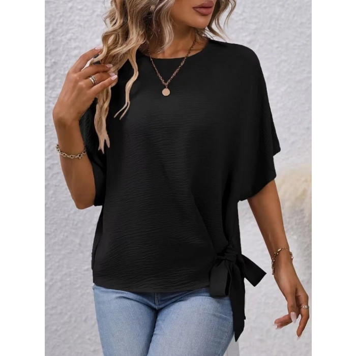 MARSiLYAN- Kadın Kısa Kollu Bisiklet Yaka Yandan Bağcıklı Aerobin Bluz