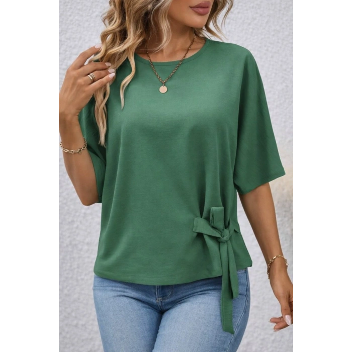 MARSiLYAN- Kadın Kısa Kollu Bisiklet Yaka Yandan Bağcıklı Aerobin Bluz