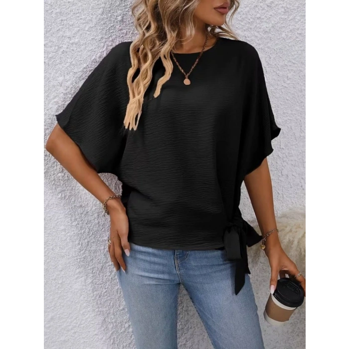 MARSiLYAN- Kadın Kısa Kollu Bisiklet Yaka Yandan Bağcıklı Aerobin Bluz