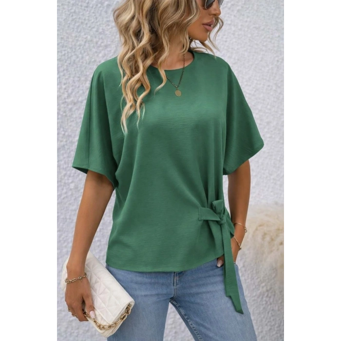 MARSiLYAN- Kadın Kısa Kollu Bisiklet Yaka Yandan Bağcıklı Aerobin Bluz