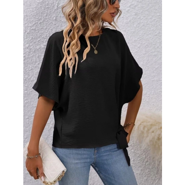 MARSiLYAN- Kadın Kısa Kollu Bisiklet Yaka Yandan Bağcıklı Aerobin Bluz