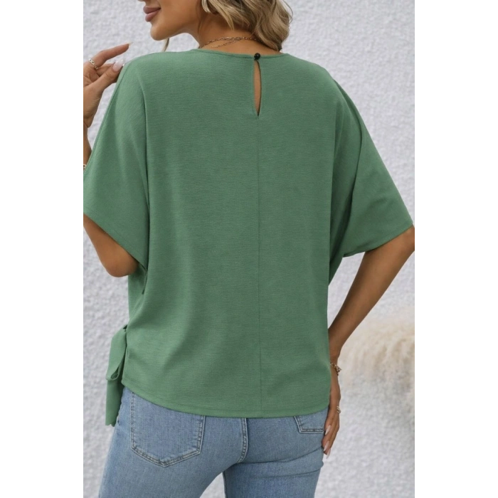 MARSiLYAN- Kadın Kısa Kollu Bisiklet Yaka Yandan Bağcıklı Aerobin Bluz