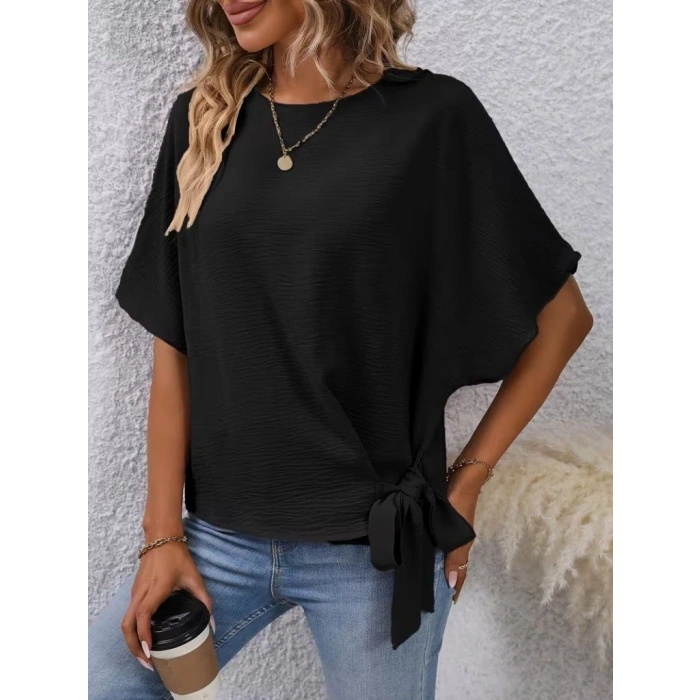 MARSiLYAN- Kadın Kısa Kollu Bisiklet Yaka Yandan Bağcıklı Aerobin Bluz