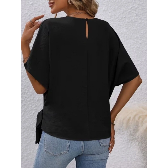 MARSiLYAN- Kadın Kısa Kollu Bisiklet Yaka Yandan Bağcıklı Aerobin Bluz