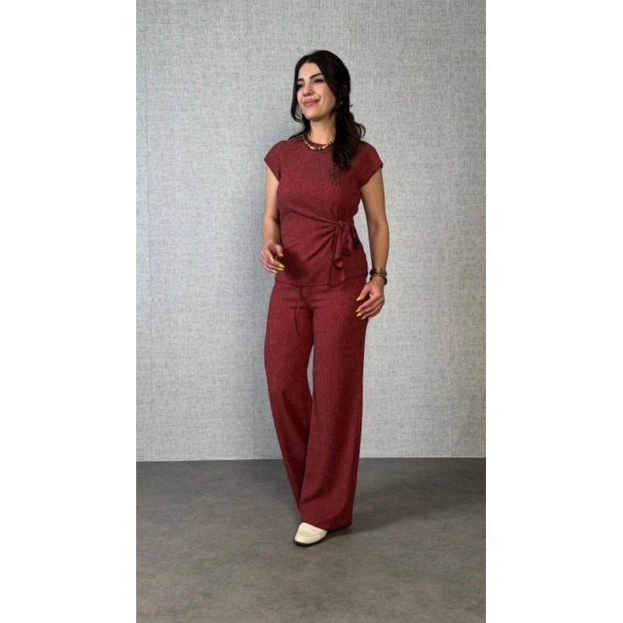 MARSiLYAN- Kadın Kısa Kollu Bisiklet Yaka Yandan Bağlamalı Bürümcük Bluz Ve Pantolon Ikili Takım