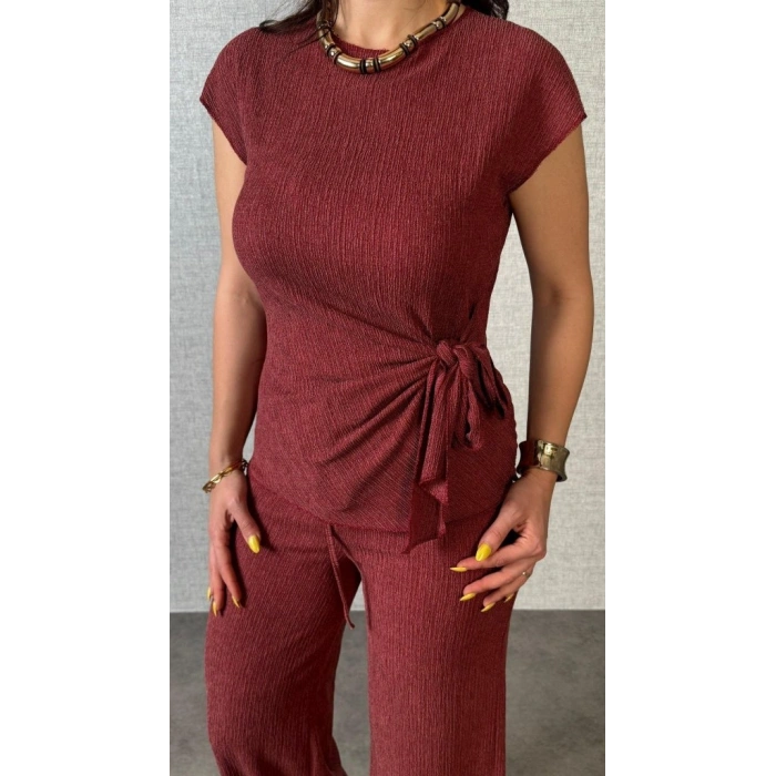 MARSiLYAN- Kadın Kısa Kollu Bisiklet Yaka Yandan Bağlamalı Bürümcük Bluz Ve Pantolon Ikili Takım