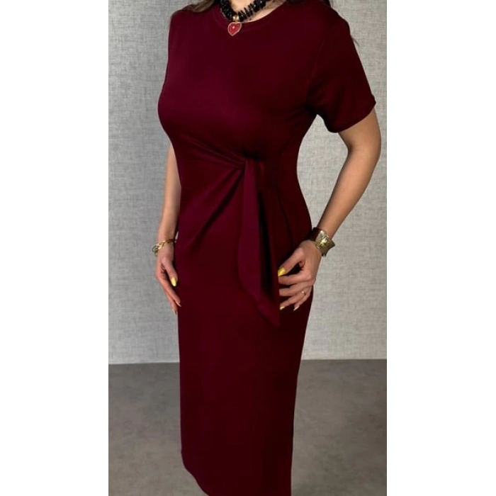 MARSiLYAN- Kadın Kısa Kollu Bisiklet Yaka Yandan Bağlamalı Viskon Iki Iplik Elbise