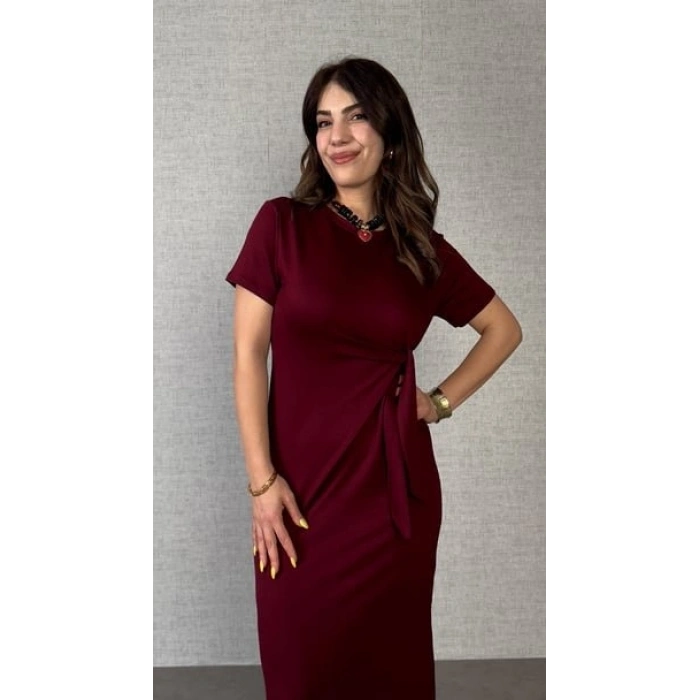 MARSiLYAN- Kadın Kısa Kollu Bisiklet Yaka Yandan Bağlamalı Viskon Iki Iplik Elbise