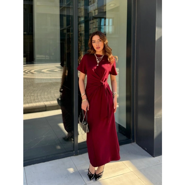 MARSiLYAN- Kadın Kısa Kollu Bisiklet Yaka Yandan Bağlamalı Viskon Iki Iplik Elbise