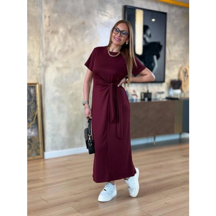 MARSiLYAN- Kadın Kısa Kollu Bisiklet Yaka Yandan Bağlamalı Viskon Iki Iplik Elbise