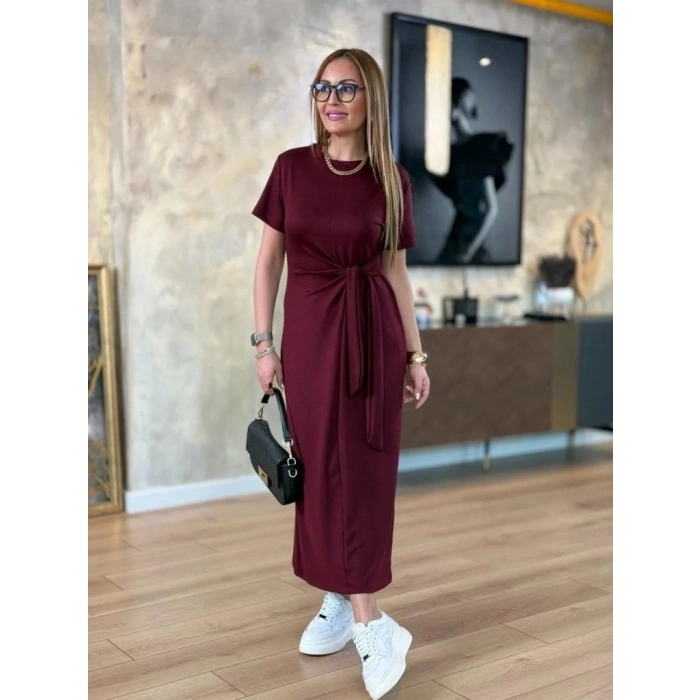 MARSiLYAN- Kadın Kısa Kollu Bisiklet Yaka Yandan Bağlamalı Viskon Iki Iplik Elbise