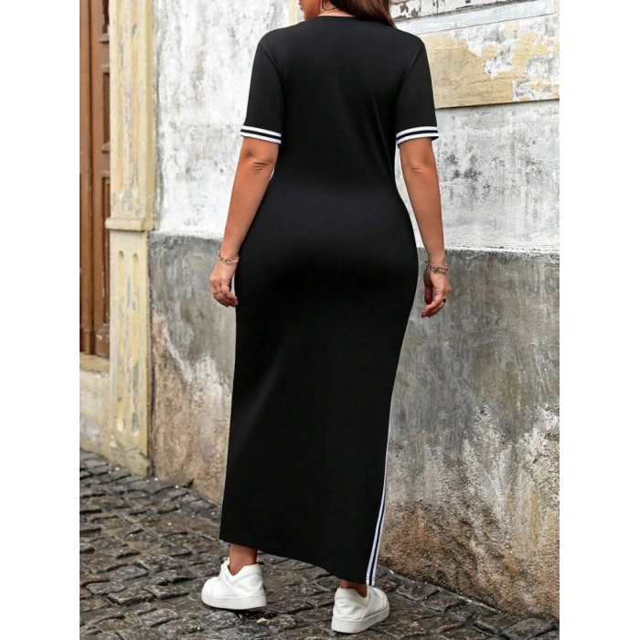 MARSiLYAN- Kadın Kısa Kollu Bisiklet Yaka Yandan şerit Ve Yırtmaçlı Viskon Iki Iplik Elbise