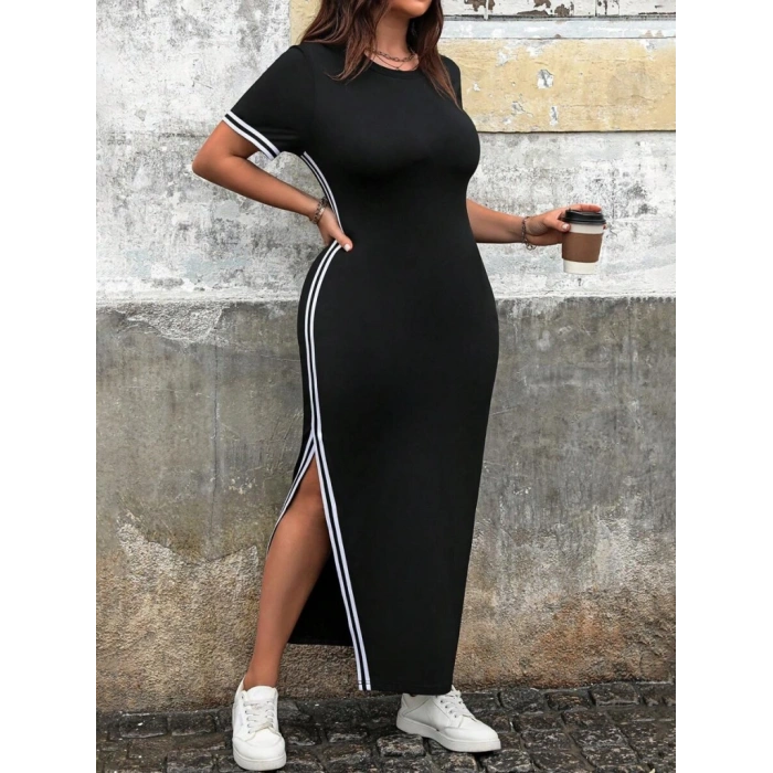 MARSiLYAN- Kadın Kısa Kollu Bisiklet Yaka Yandan şerit Ve Yırtmaçlı Viskon Iki Iplik Elbise