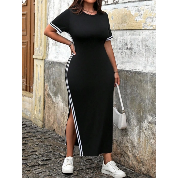 MARSiLYAN- Kadın Kısa Kollu Bisiklet Yaka Yandan şerit Ve Yırtmaçlı Viskon Iki Iplik Elbise