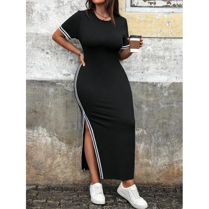 MARSiLYAN- Kadın Kısa Kollu Bisiklet Yaka Yandan şerit Ve Yırtmaçlı Viskon Iki Iplik Elbise