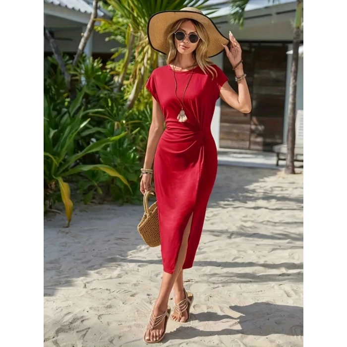 MARSiLYAN- Kadın Kısa Kollu Bisiklet Yaka Yandan Yırtmaçlı Viskon Midi Elbise