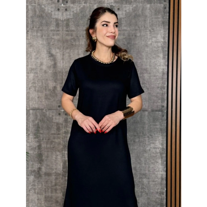 MARSiLYAN- Kadın Kısa Kollu Bisiklet Yaka Yırtmaçlı Viskon Iki Iplik Elbise