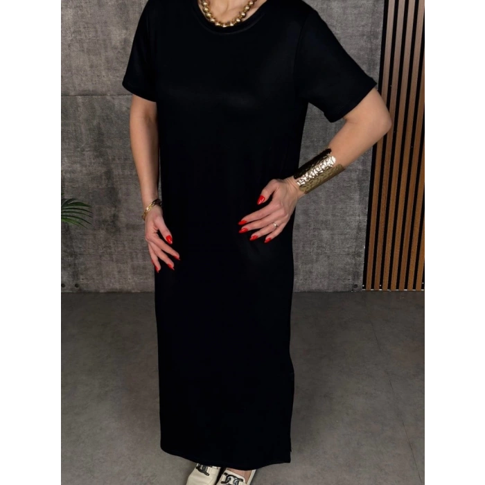 MARSiLYAN- Kadın Kısa Kollu Bisiklet Yaka Yırtmaçlı Viskon Iki Iplik Elbise