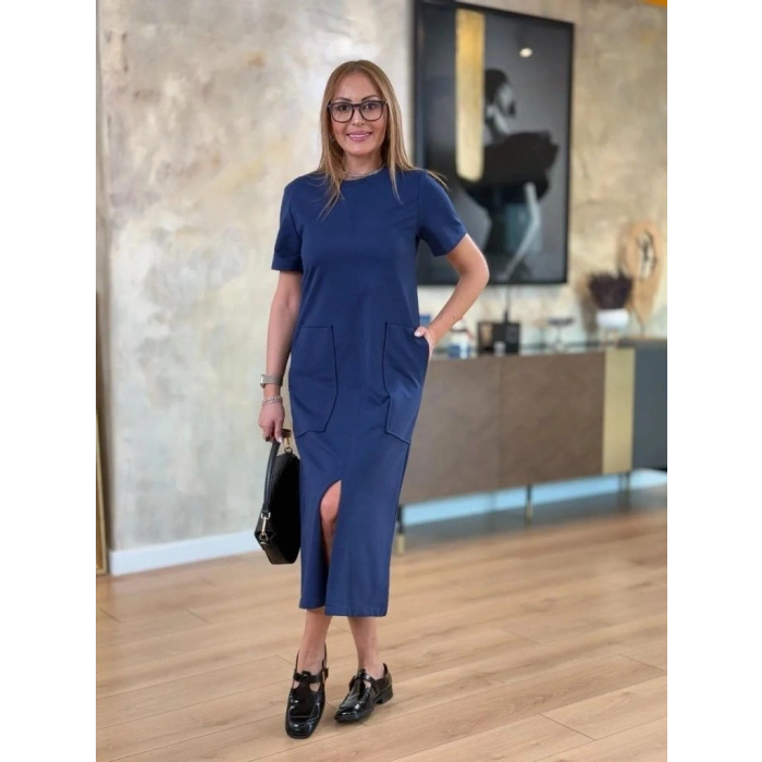 MARSiLYAN- Kadın Kısa Kollu Bisiklet Yakalı Cepli önden Yırtmaçlı Viskon Iki Iplik Midi Elbise