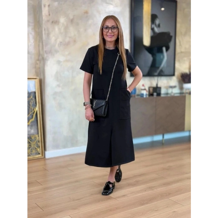 MARSiLYAN- Kadın Kısa Kollu Bisiklet Yakalı Cepli önden Yırtmaçlı Viskon Iki Iplik Midi Elbise