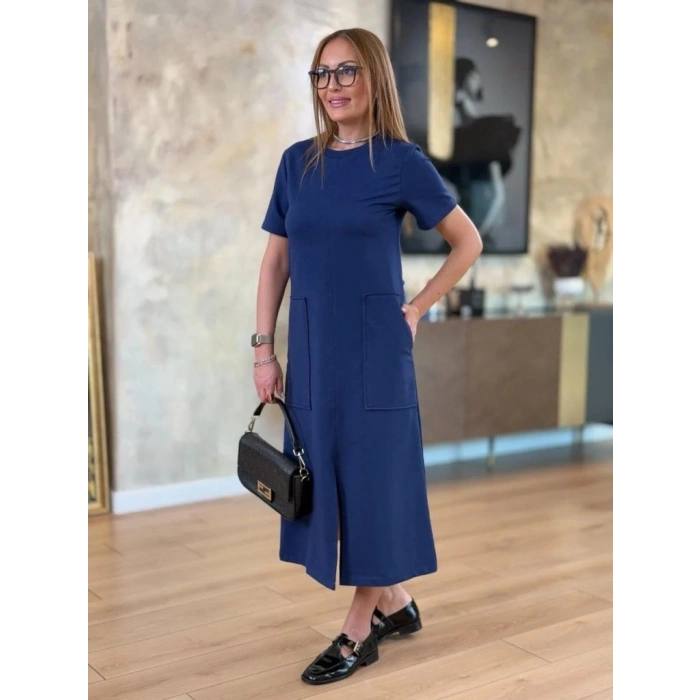 MARSiLYAN- Kadın Kısa Kollu Bisiklet Yakalı Cepli önden Yırtmaçlı Viskon Iki Iplik Midi Elbise