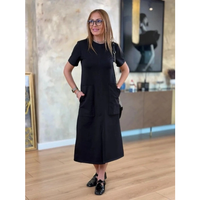 MARSiLYAN- Kadın Kısa Kollu Bisiklet Yakalı Cepli önden Yırtmaçlı Viskon Iki Iplik Midi Elbise