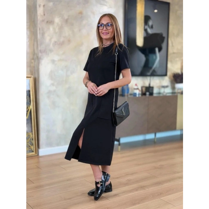 MARSiLYAN- Kadın Kısa Kollu Bisiklet Yakalı Cepli önden Yırtmaçlı Viskon Iki Iplik Midi Elbise