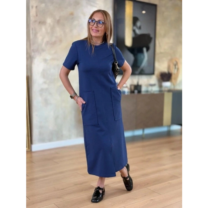 MARSiLYAN- Kadın Kısa Kollu Bisiklet Yakalı Cepli önden Yırtmaçlı Viskon Iki Iplik Midi Elbise