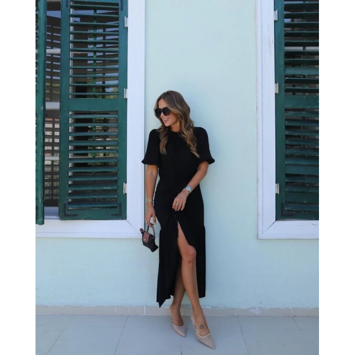 MARSiLYAN- Kadın Kısa Kollu Bisiklet Yakalı Yandan Yırtmaçlı Büzgülü Janjan Krep Elbise