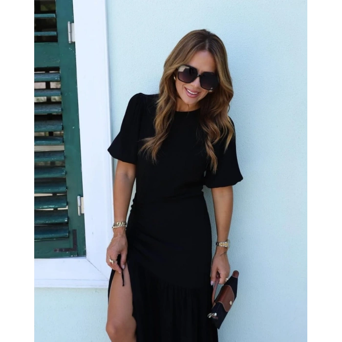 MARSiLYAN- Kadın Kısa Kollu Bisiklet Yakalı Yandan Yırtmaçlı Büzgülü Janjan Krep Elbise