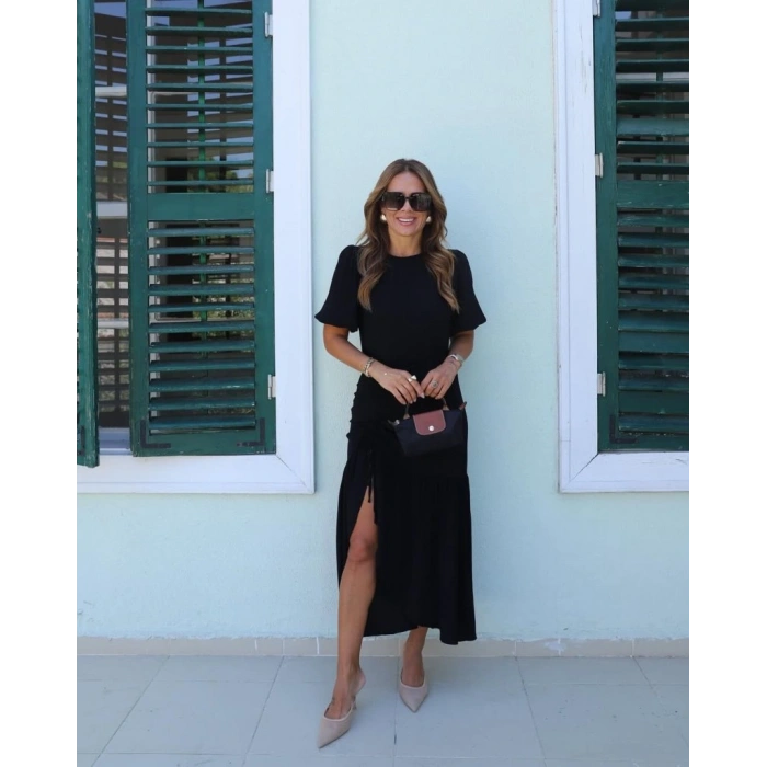 MARSiLYAN- Kadın Kısa Kollu Bisiklet Yakalı Yandan Yırtmaçlı Büzgülü Janjan Krep Elbise