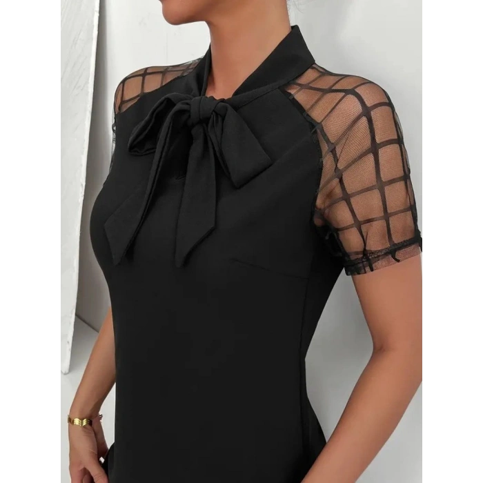 MARSiLYAN- Kadın Kısa Kollu Boyundan Bağlamalı Omuzlarda Tül Detaylı Janjan Krep Elbise